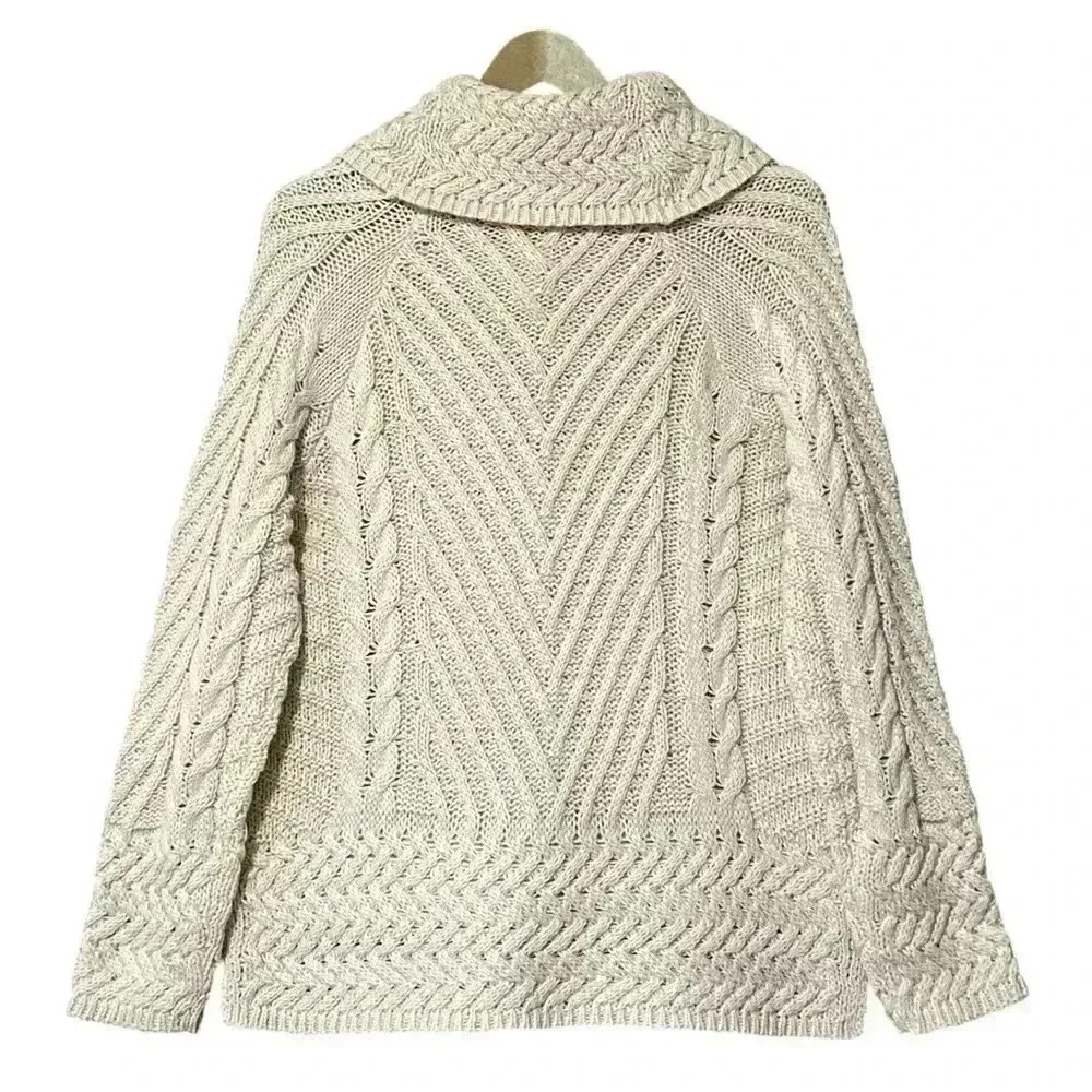 Hem & Thread Cable Knit Turtleneck Sweater Medium Ecru Hi-Lo NWT - Picture 3 of 12